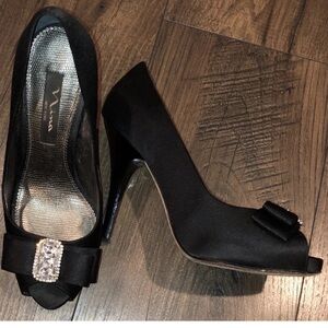Nina Elegant Black Satin Heels with Rhinestone Bow